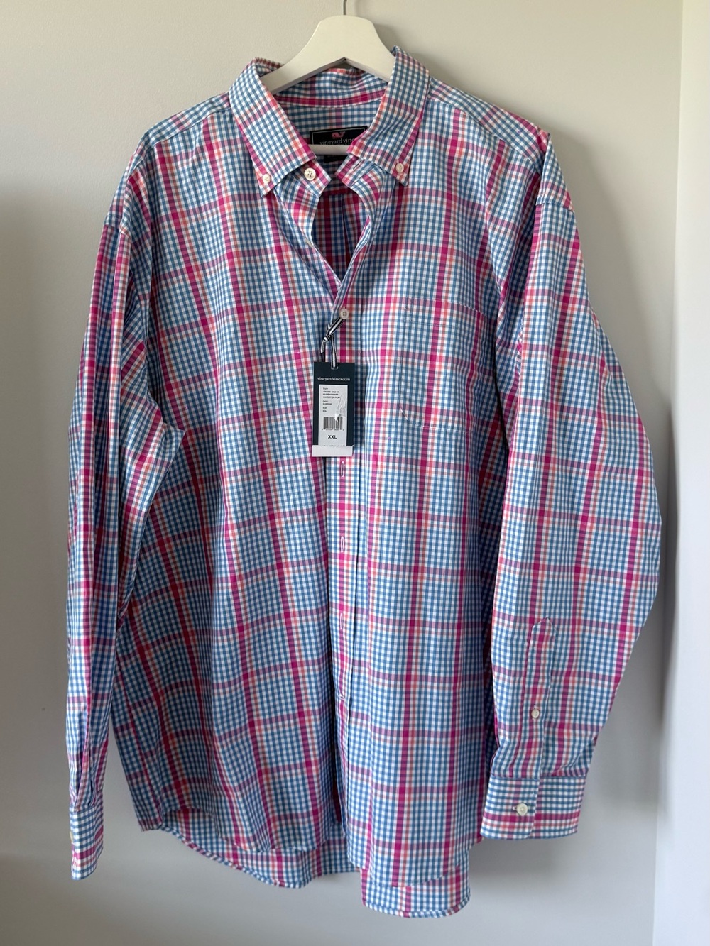 NWT Vineyard Vines plaid button-down shirt blue pink check pattern logo Men XXL